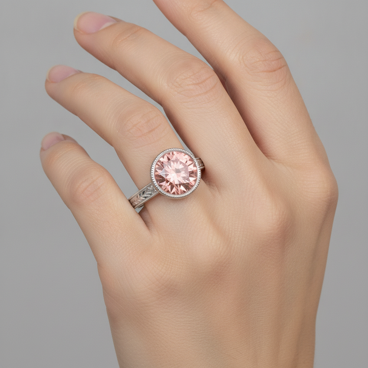 Bague Solitaire Saphir Padparadscha Rond de laboratoire 4 Carats Serti Lunette Or Blanc 14 carats