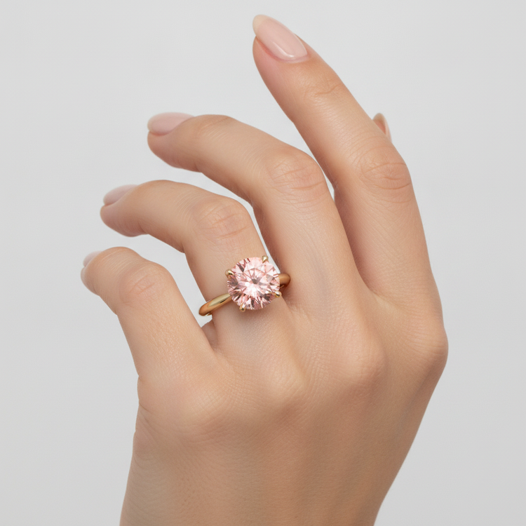Bague solitaire Saphir Padparadscha de laboratoire rond 4 carats en Or Jaune 14 carats