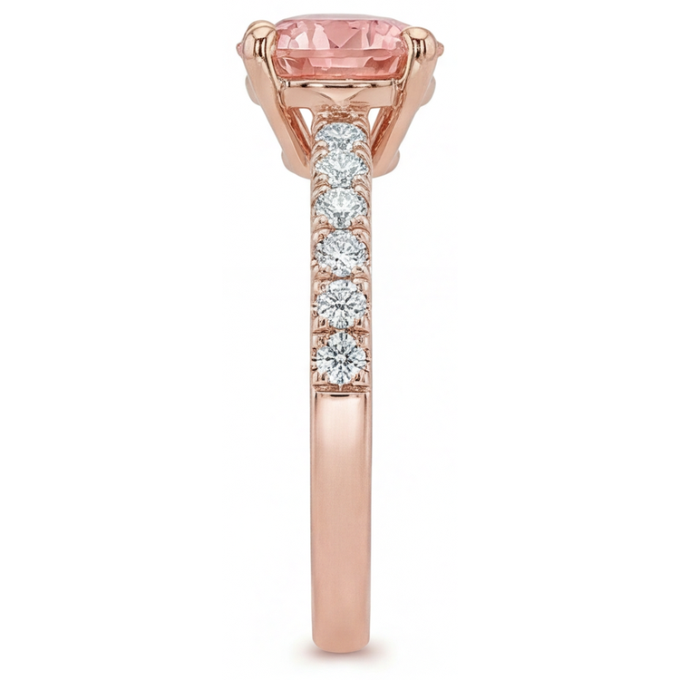 Bague de Fiançailles Saphir Padparadscha Rond Véritable 1,8 Carat Pavé Or Rose 14 Carats
