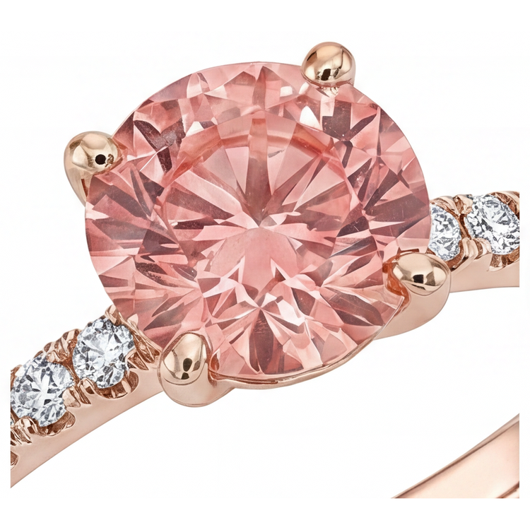 Bague de Fiançailles Saphir Padparadscha Rond Véritable 1,8 Carat Pavé Or Rose 14 Carats