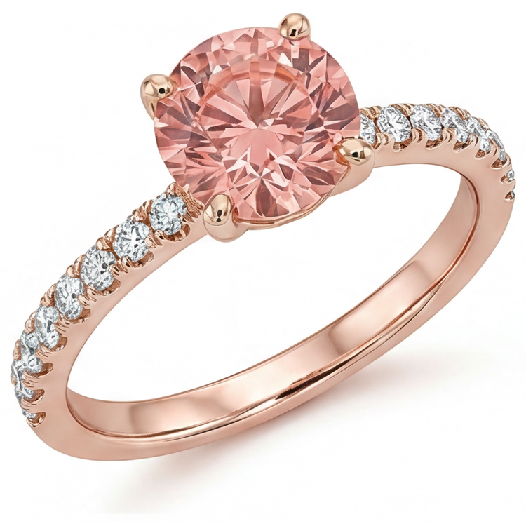 Bague de Fiançailles Saphir Padparadscha Rond Véritable 1,8 Carat Pavé Or Rose 14 Carats