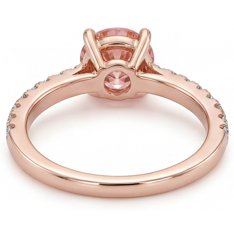 Bague de Fiançailles en Or Rose 14K avec Véritable Saphir Padparadscha Rond 1,8 Carat et Pavé