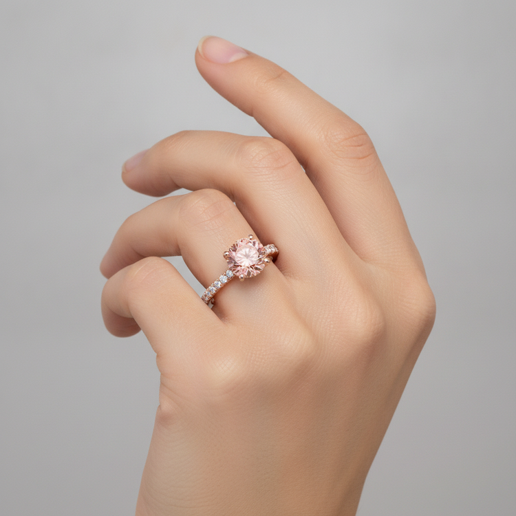 Bague de Fiançailles Saphir Padparadscha Rond Véritable 1,8 Carat Pavé Or Rose 14 Carats