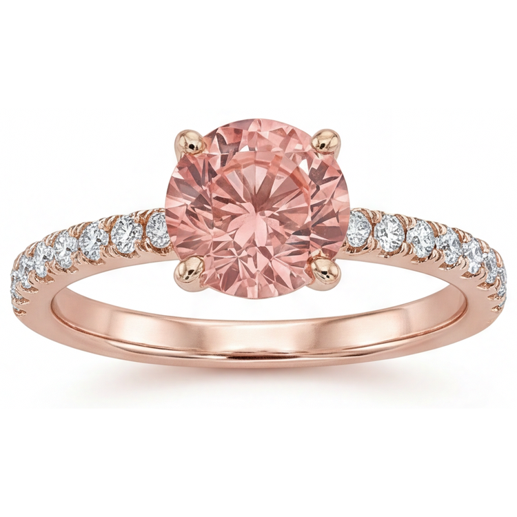 Bague de Fiançailles Saphir Padparadscha Rond Véritable 1,8 Carat Pavé Or Rose 14 Carats