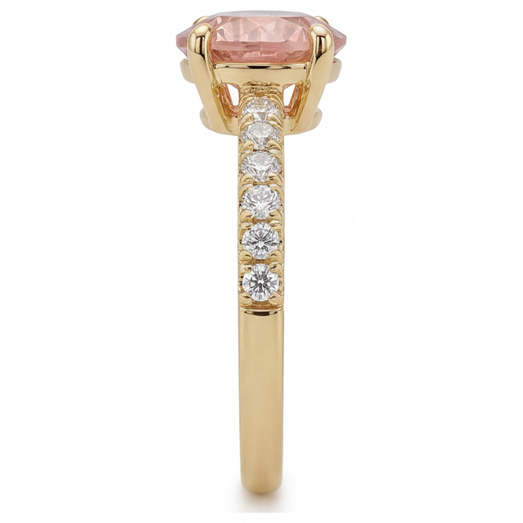 Bague Saphir Padparadscha Naturel Rond 2,3 Carats Pavé en Or Jaune 14 Carats