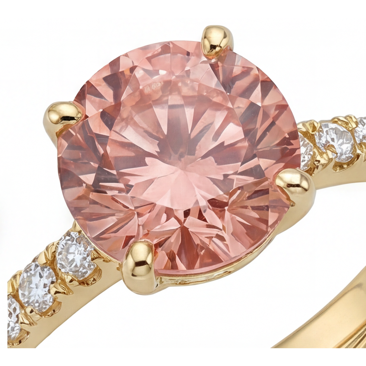 Bague Saphir Padparadscha Naturel Rond 2,3 Carats Pavé en Or Jaune 14 Carats