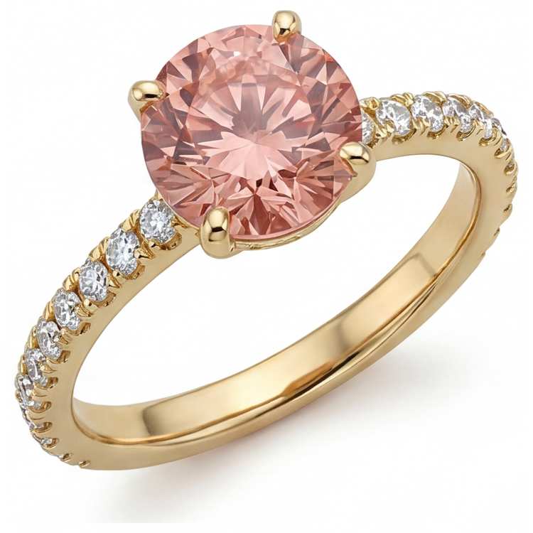 Bague Saphir Padparadscha Naturel Rond 2,3 Carats Pavé en Or Jaune 14 Carats