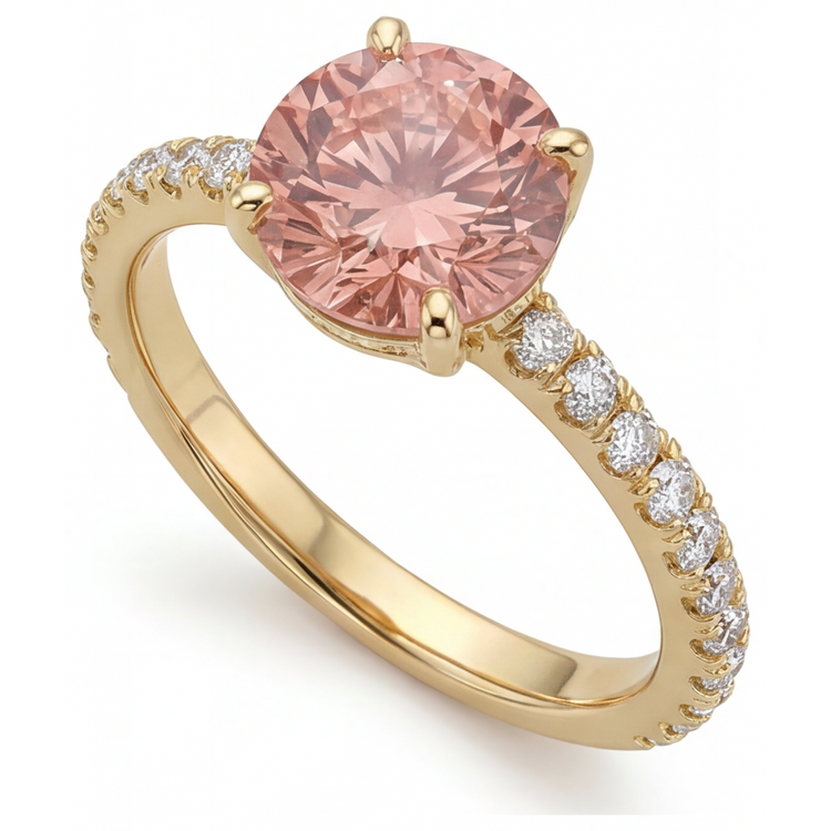 Bague Saphir Padparadscha Rond Naturel 2,3 Carats Pavé en Or Jaune 14 Carats