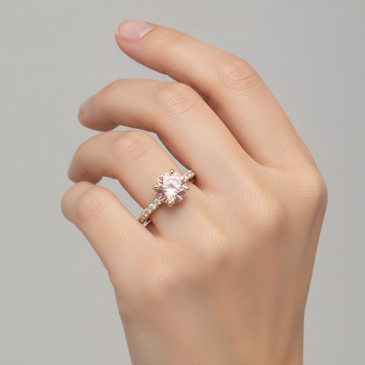 Bague Saphir Padparadscha Rond Naturel 2,3 Carats Pavé en Or Jaune 14 Carats