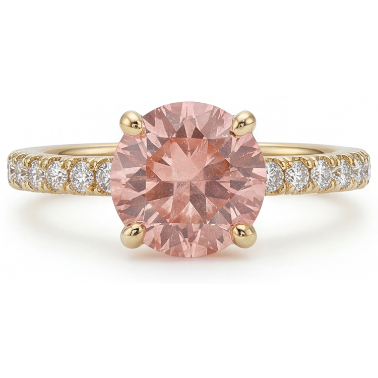 Bague Saphir Padparadscha Naturel Rond 2,3 Carats Pavé en Or Jaune 14 Carats
