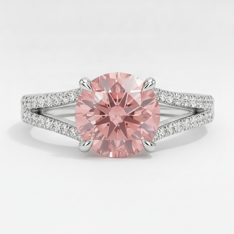 Bague de Fiançailles Saphir Pêche Padparadscha Naturel Rond 2,6 Carats, Anneau Fendu, Or Blanc 14K