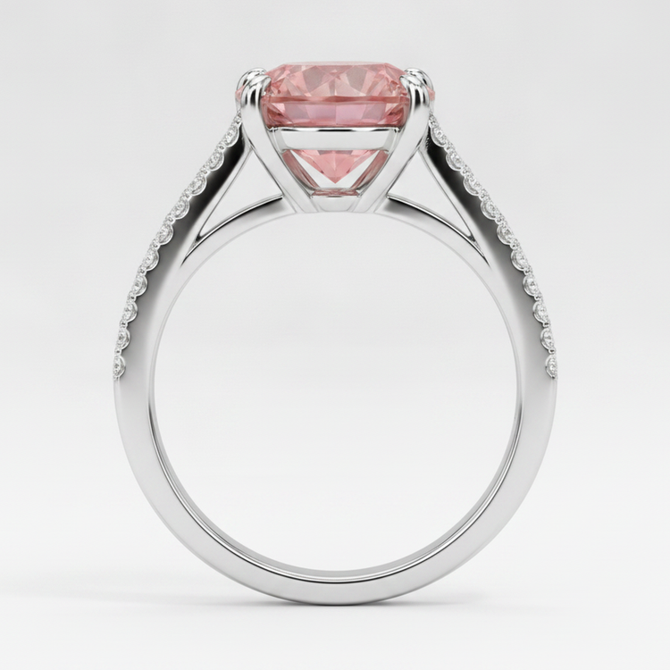 Bague de Fiançailles Saphir Pêche Padparadscha Naturel Rond 2,6 Carats, Anneau Fendu, Or Blanc 14K