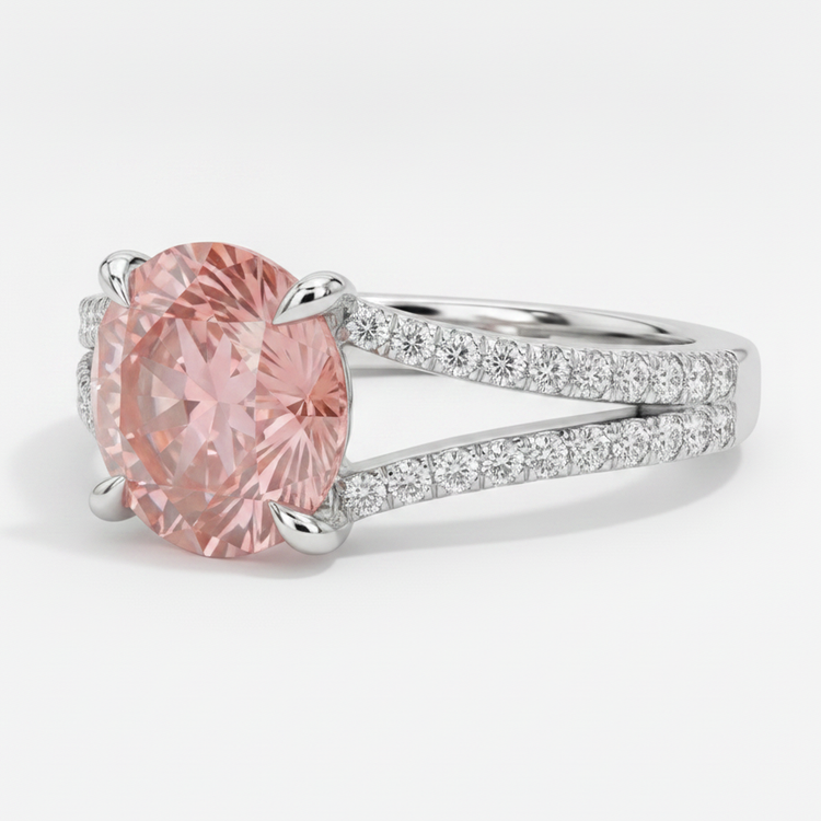 Bague de Fiançailles Saphir Padparadscha Pêche Naturel Rond 2,6 Carats, Anneau Fendu, Or Blanc 14K