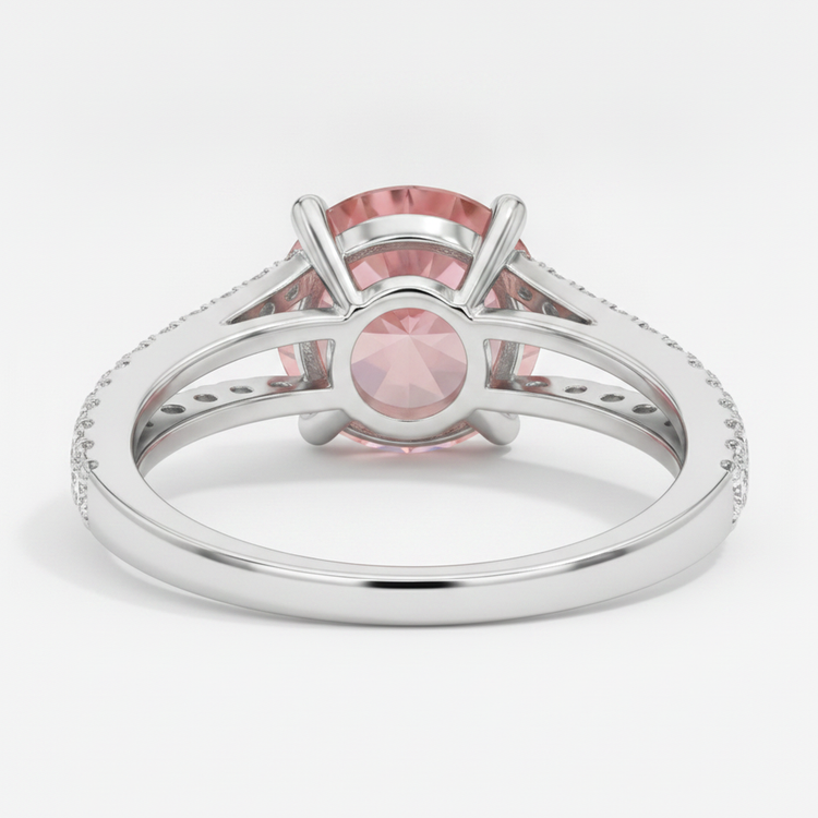 Bague de Fiançailles Saphir Pêche Padparadscha Naturel Rond 2,6 Carats, Anneau Fendu, Or Blanc 14K