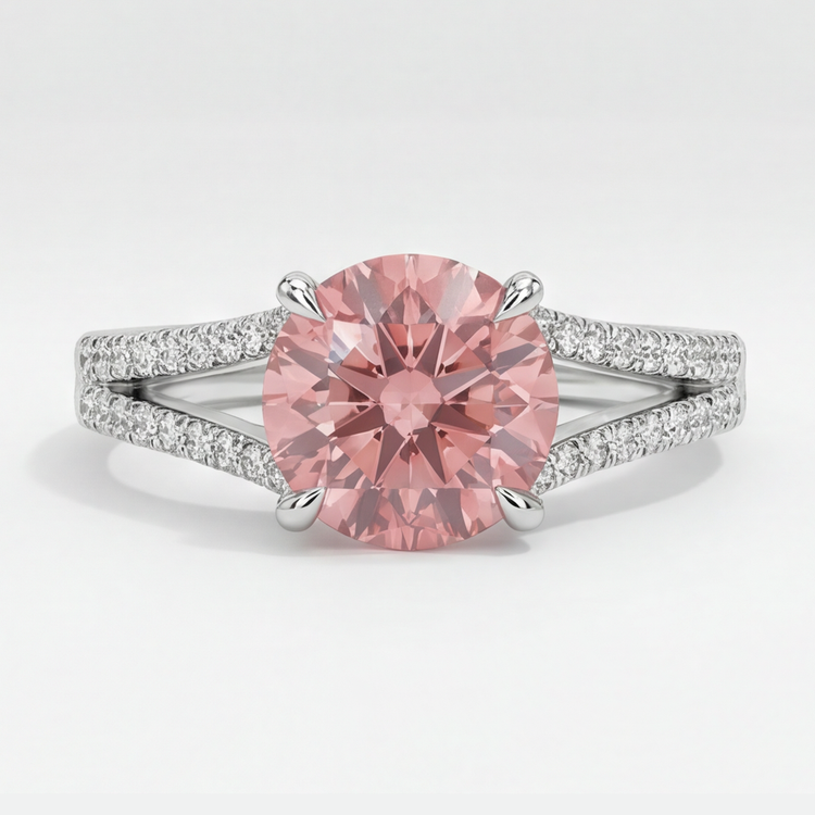 Bague de Fiançailles Saphir Padparadscha Pêche Naturel Rond 2,6 Carats, Anneau Fendu, Or Blanc 14K