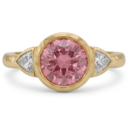 Bague Padparadscha en Or Jaune 14K, saphir rond naturel de 2,6 carats et trilliants blancs, trois pierres, lunette
