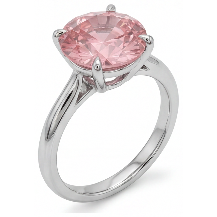 Bague Solitaire en Or Blanc 14 carats avec Véritable Saphir Padparadscha Pêche Rond de 2,5 Carats