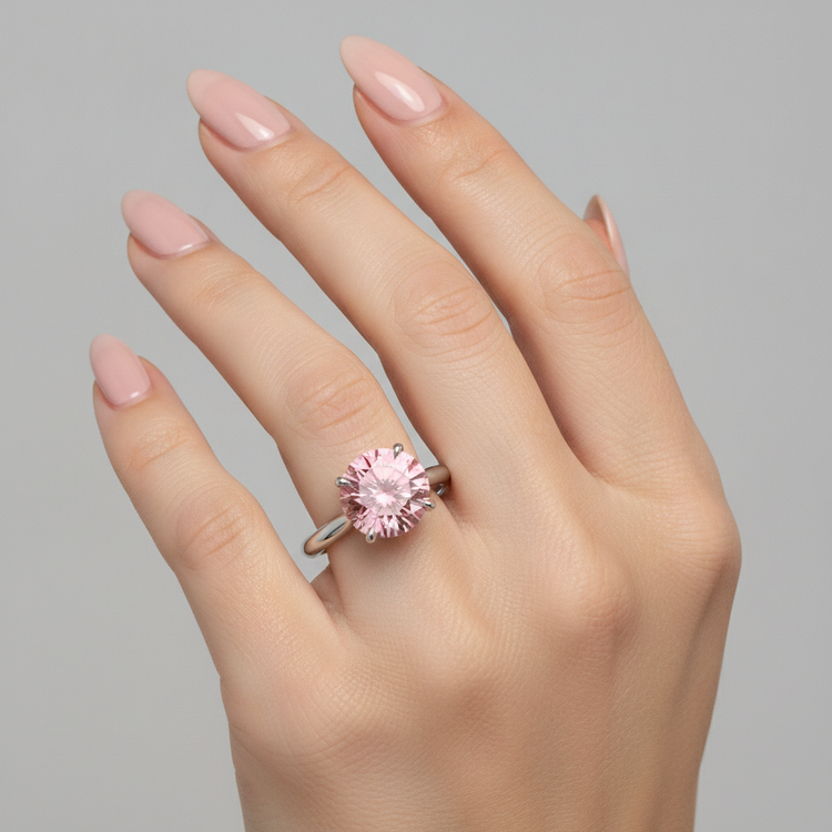 Bague Solitaire en Or Blanc 14 carats avec Véritable Saphir Padparadscha Pêche Rond de 2,5 Carats