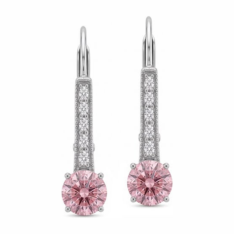 Boucles d'oreilles dormeuses en or blanc 14 carats avec diamants roses ronds de laboratoire de 2,5 carats