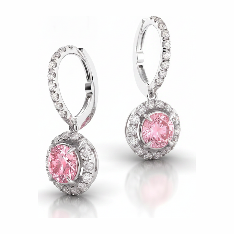 Boucles d'oreilles dormeuses diamant rose de laboratoire 1,5 carat Halo rond en Or Blanc 14K