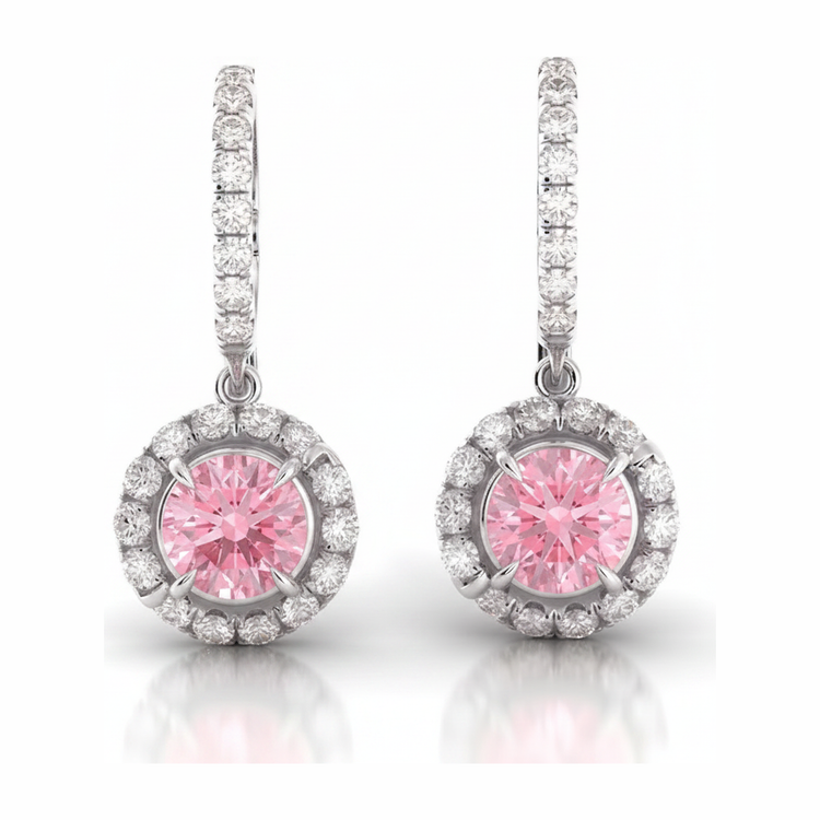 Boucles d'oreilles dormeuses halo en Or Blanc 14 carats avec diamant rose de laboratoire rond de 1,5 carat