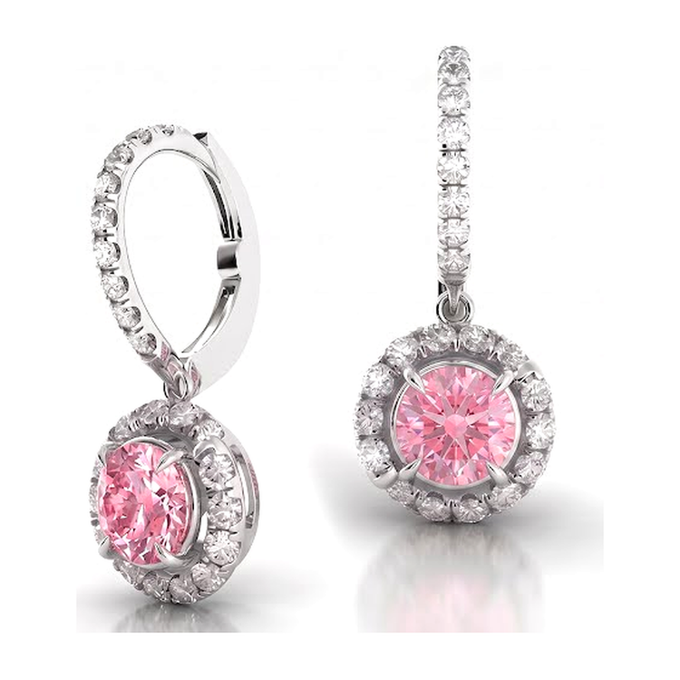 Boucles d'oreilles dormeuses halo en Or Blanc 14 carats avec diamant rose de laboratoire rond de 1,5 carat