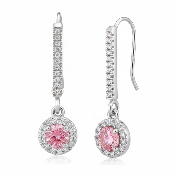 Boucles d'oreilles dormeuses en Or Blanc 14K avec diamant rose de laboratoire 1,5 carat rond halo pavé