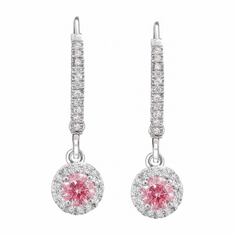 Boucles d'oreilles dormeuses en Or Blanc 14K avec diamant rose rond 1,5 carat de laboratoire et halo pavé