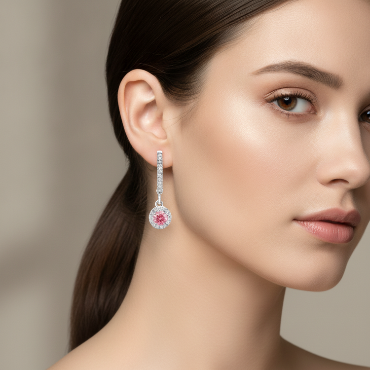 Boucles d'oreilles dormeuses en Or Blanc 14K avec diamant rose de laboratoire 1,5 carat rond halo pavé