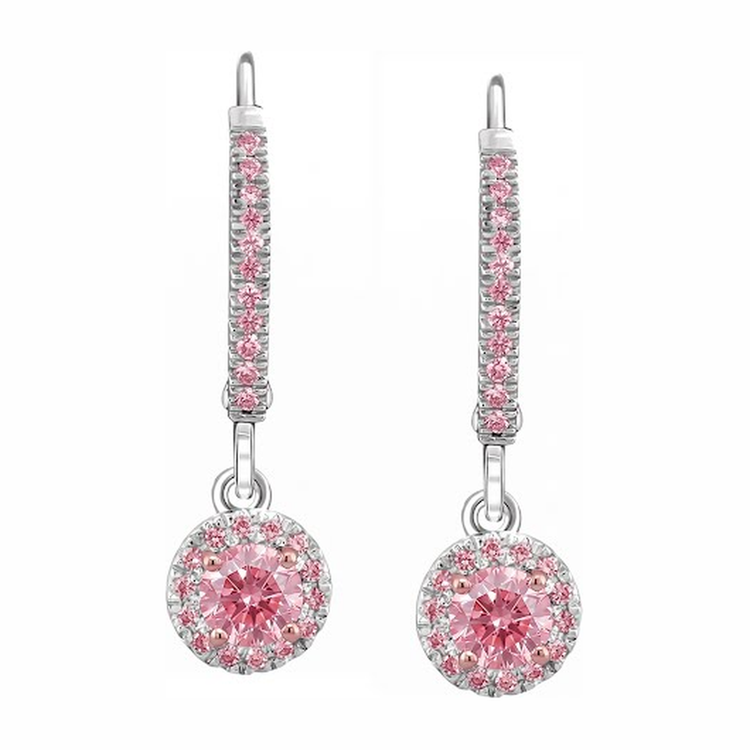 Boucles d'oreilles dormeuses halo en or blanc 14K avec diamants roses de laboratoire ronds 1,5 carat pavés