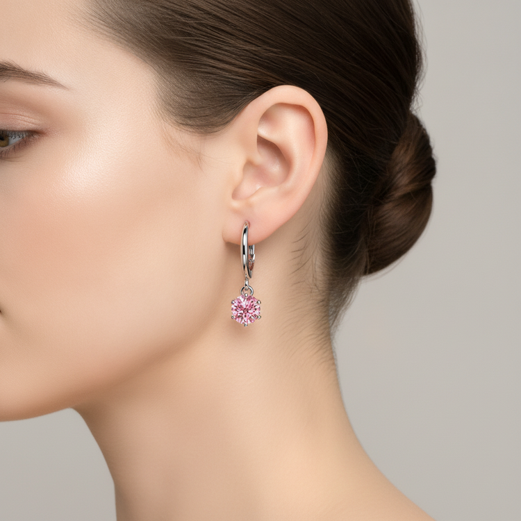 Boucles d'oreilles dormeuses solitaire rond diamant rose de laboratoire 2 carats en Or Blanc 14 carats