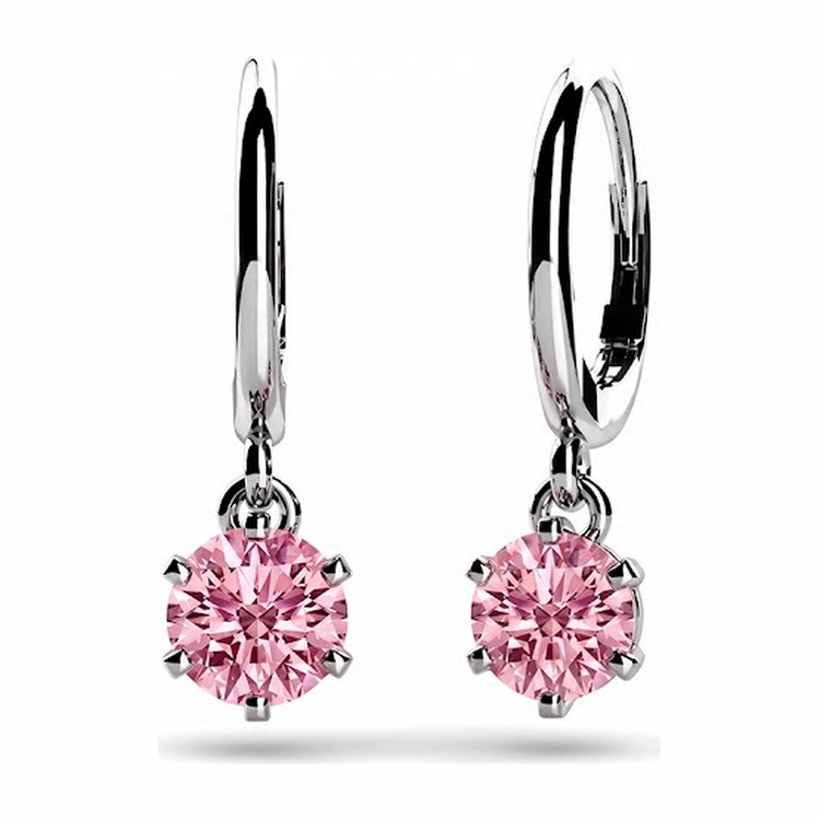 Boucles d'oreilles dormeuses solitaire rond diamant rose de laboratoire 2 carats en Or Blanc 14 carats