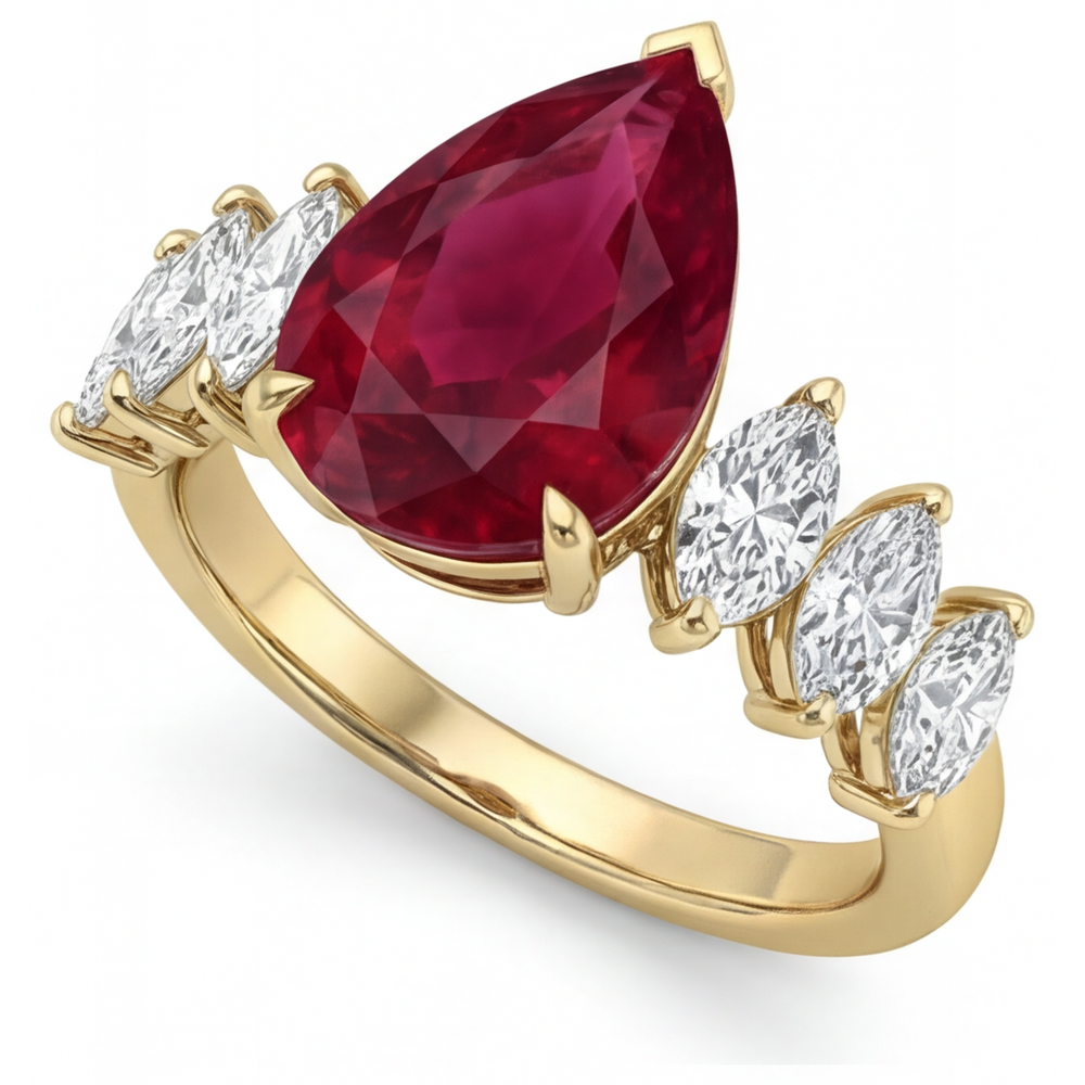 De luxe Rubis Sang de Pigeon Bague Trilogie 4 carats – vue de côté