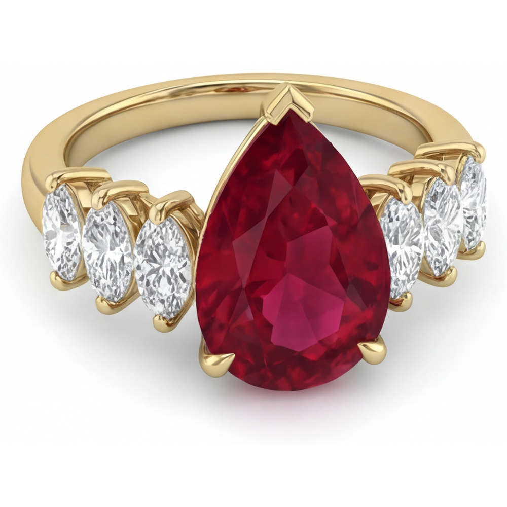 Rubis Sang de Pigeon Goutte Bague Trilogie en Or Jaune 14 Carats – vue d'angle
