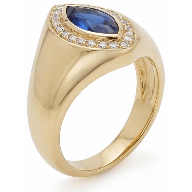 Saphir Bleu Taille Marquise Bague avec Gemme en Or 14K Jaune – vue de face