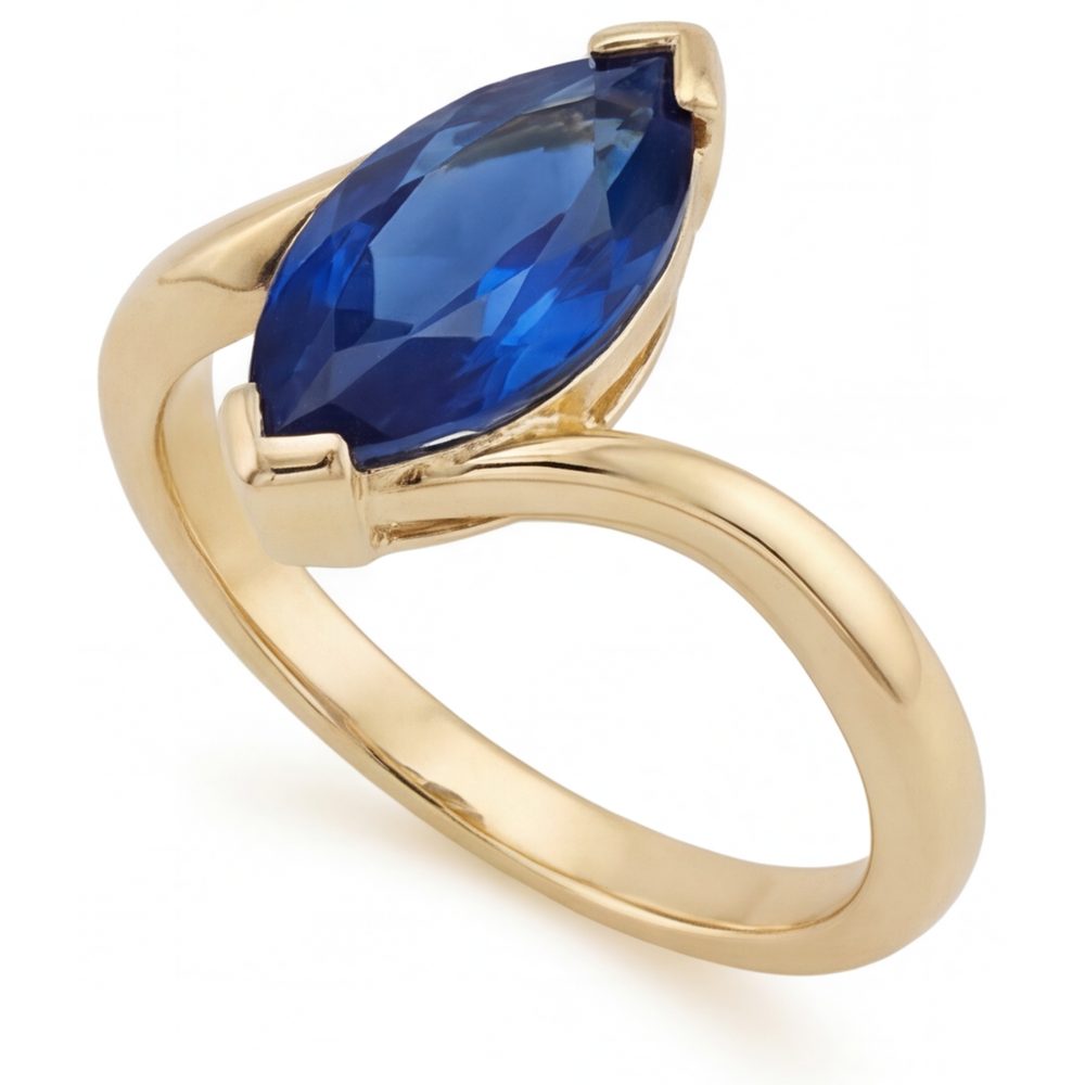 Saphir Bleu Bague avec Gemme 3 carats Or Jaune 14 Carats – vue de côté