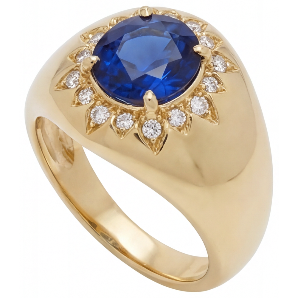 Saphir Bleu Taille Ronde Bague Pierre de Couleur en Or 14K Jaune – vue de côté