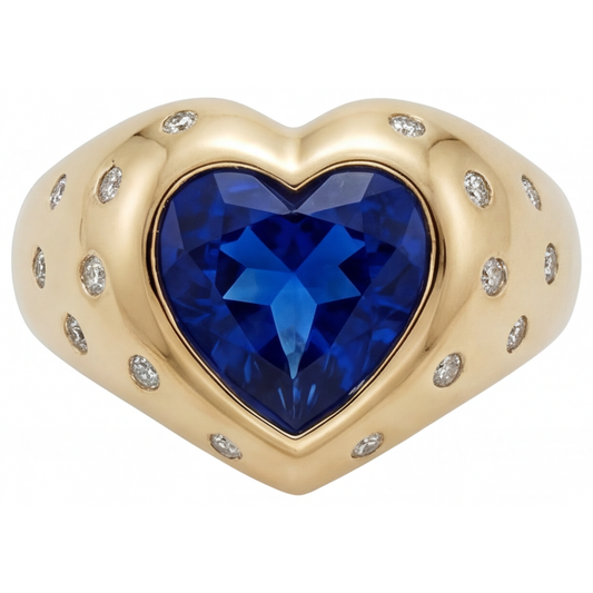 Forme Cœur Saphir Bleu bague en Or Jaune 14 Carats – vue de face