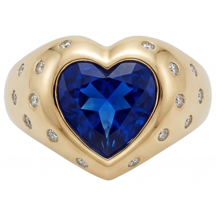 Forme Cœur Saphir Bleu bague en Or Jaune 14 Carats – vue de face