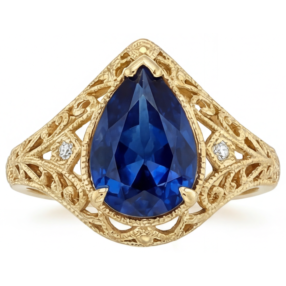 Saphir Bleu Bleuet Taille Poire Bague avec Gemme en Or Jaune 14 Carats – vue principale