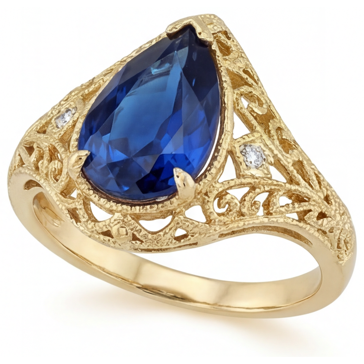 Saphir Bleu Bleuet Taille Poire Bague avec Gemme en Or Jaune 14 Carats – vue de face