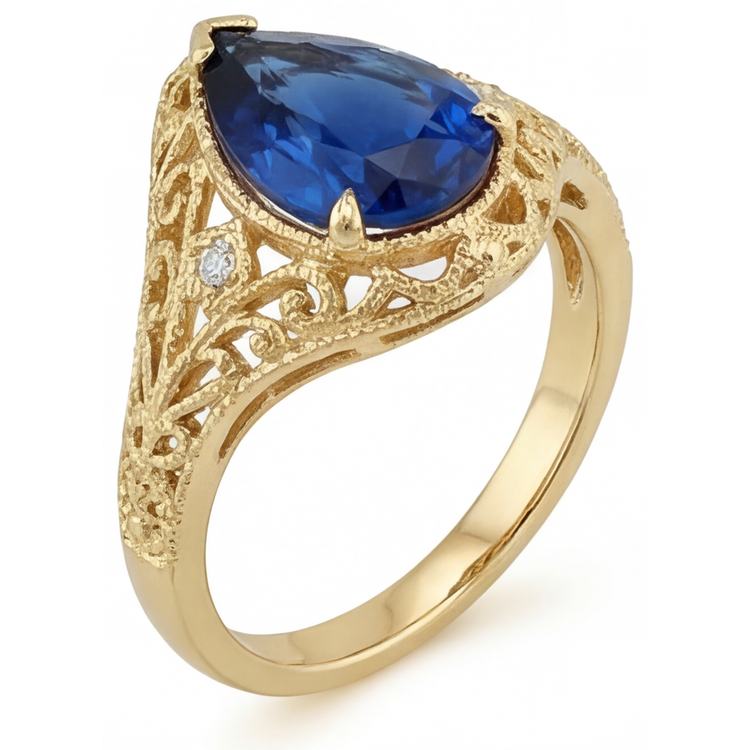 Taille Poire Saphir Bleu Bleuet bague en Or Jaune 14 Carats – vue de côté