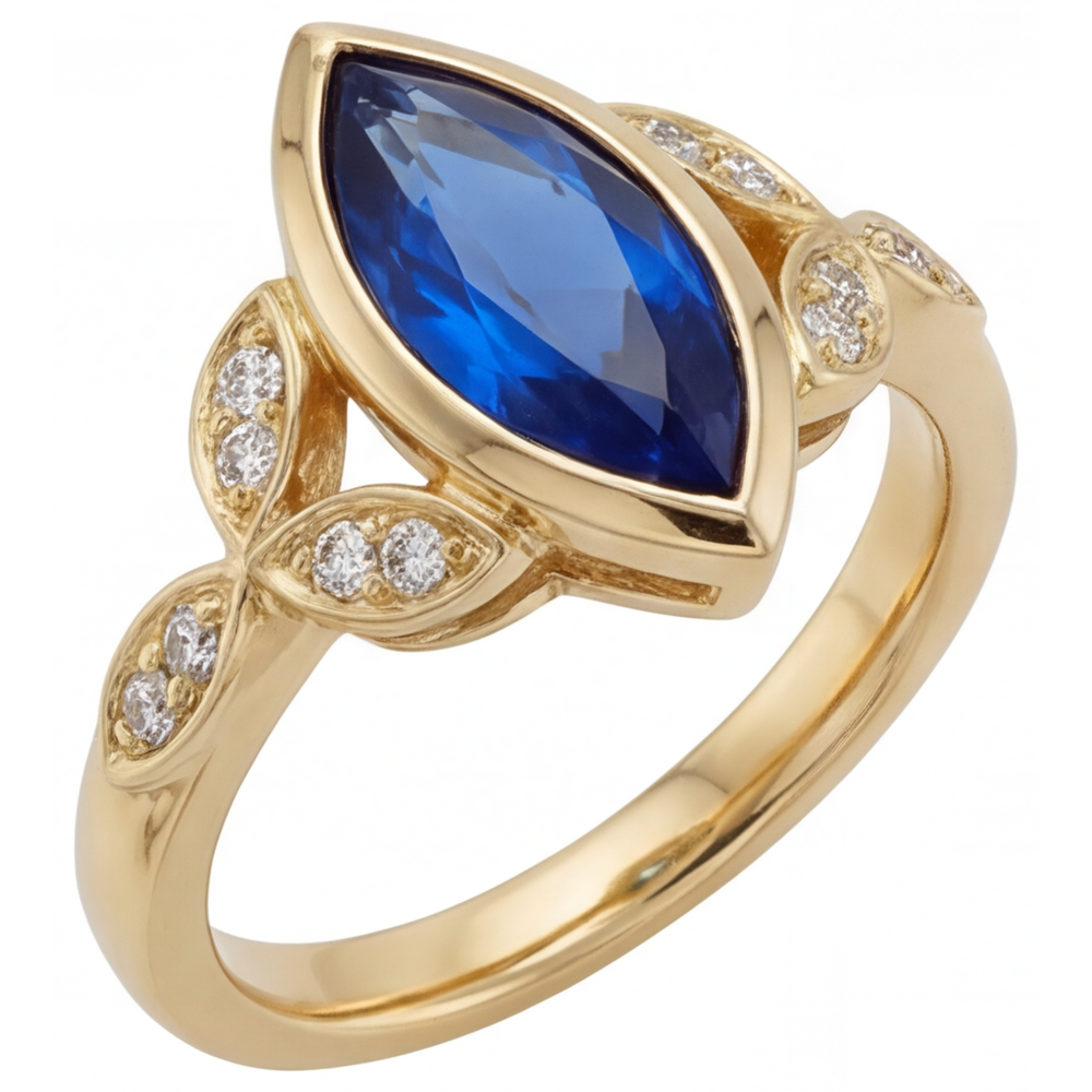 Taille Marquise Saphir Bleu Bleuet bague en Or Jaune 14 Carats – vue principale