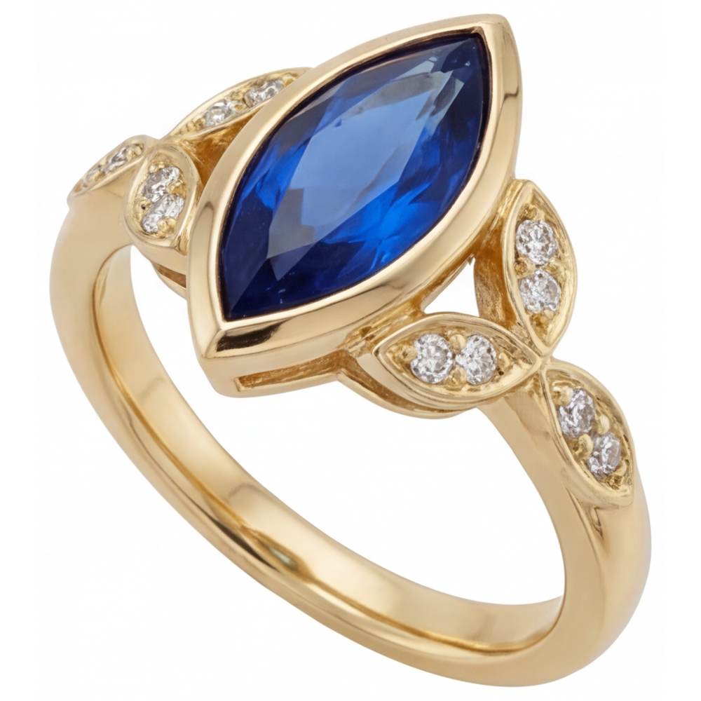 Saphir Bleu Bleuet Taille Marquise Bague Pierre de Couleur en Or Jaune 14 Carats – vue de côté