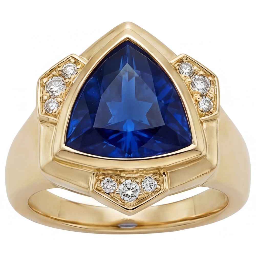 Triangulaire Saphir Bleu bague en Or 14K Jaune – vue de face
