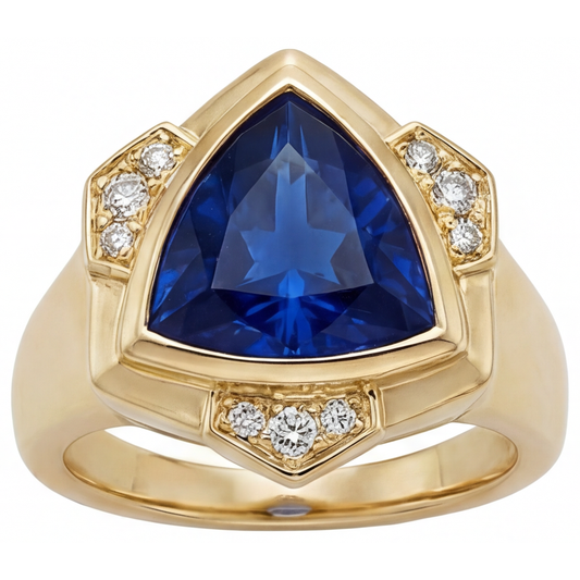 Triangulaire Saphir Bleu bague en Or 14K Jaune – vue de face