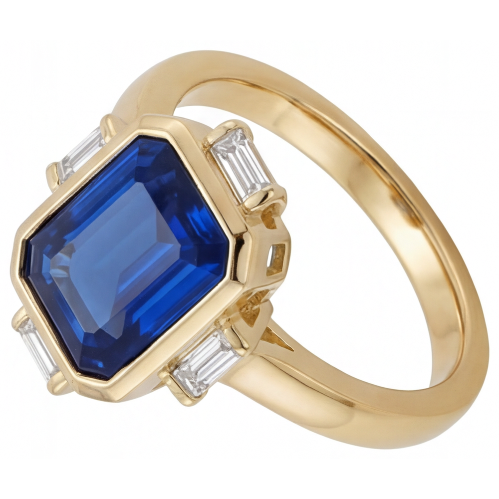 Saphir Bleu Royal Bague avec Gemme 4,80 carats Or Jaune 14 Carats – vue d'angle