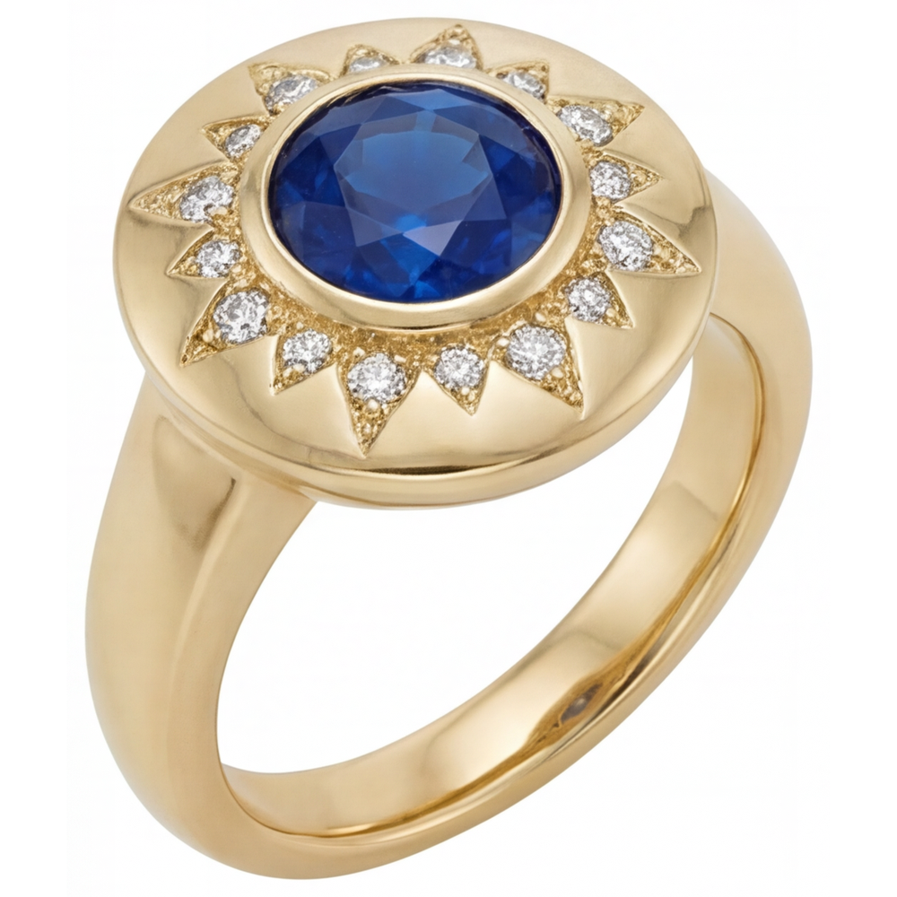 Saphir Bleu Royal Taille Brillant Bague Pierre Précieuse en Or Jaune 14 Carats – vue de face