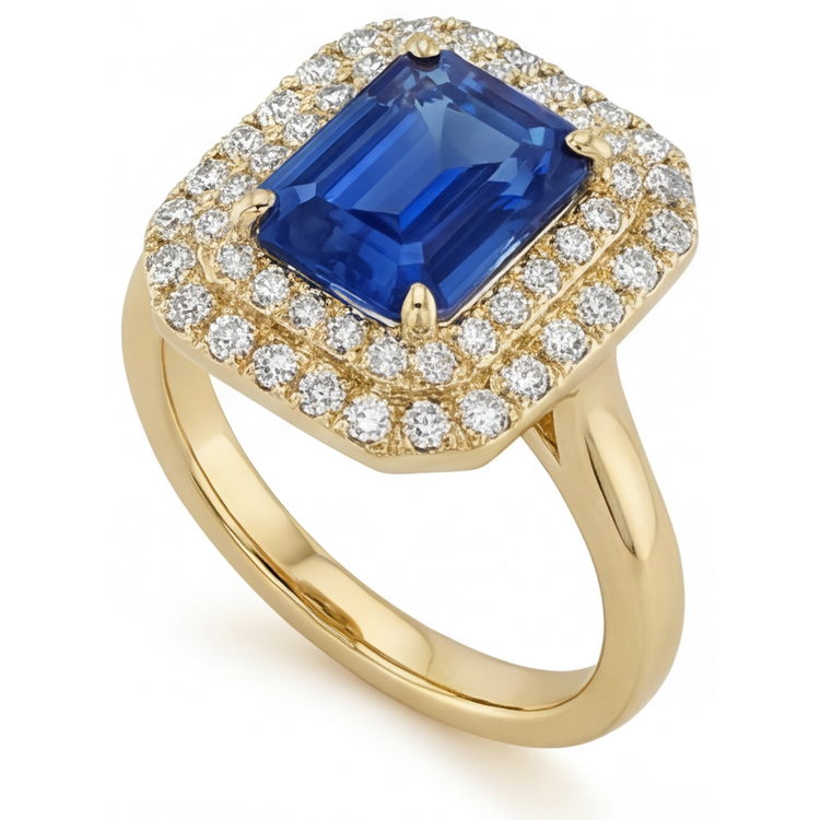 Saphir Bleu Royal Bague Pierre Précieuse 4 carats Or Jaune 14 Carats – vue de face