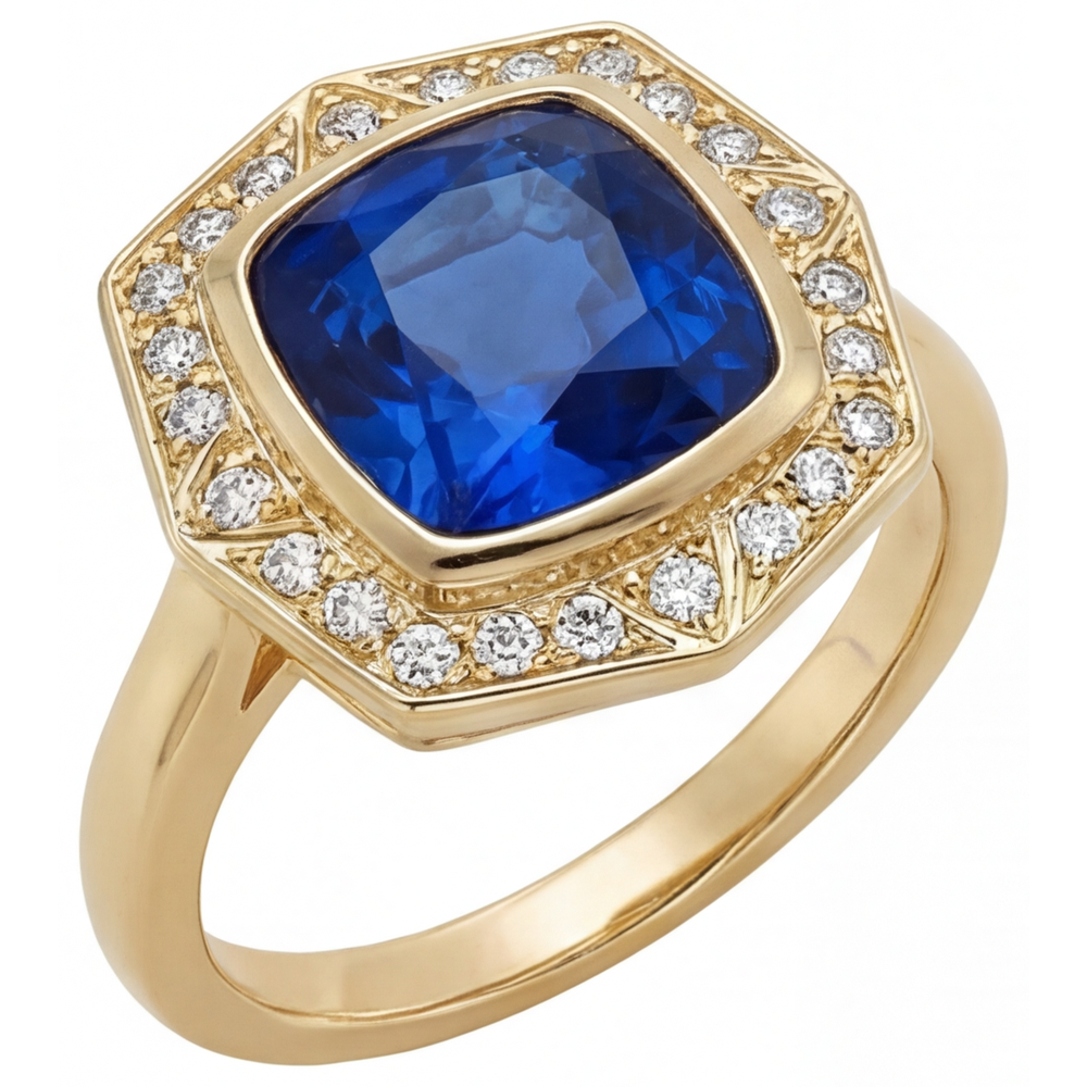 Saphir Bleu Royal Bague Pierre Précieuse 5,75-carats Or Jaune 14 Carats – vue de face